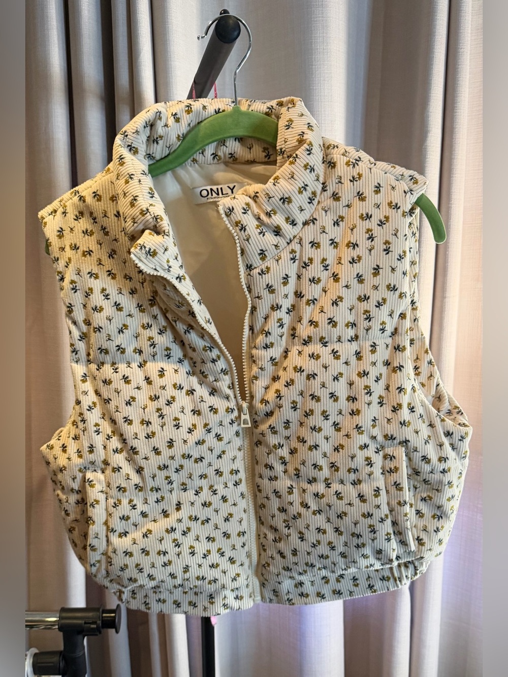 Only Cream Floral Puffer Vest with Yellow & Green Accents